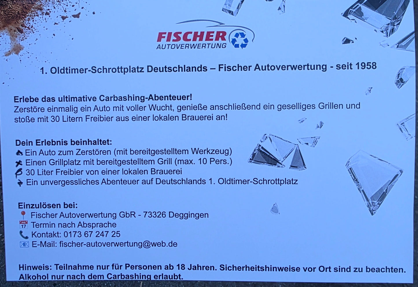 Gutschein für Fahrzeug Demolieren! JGA oder Ausflug
